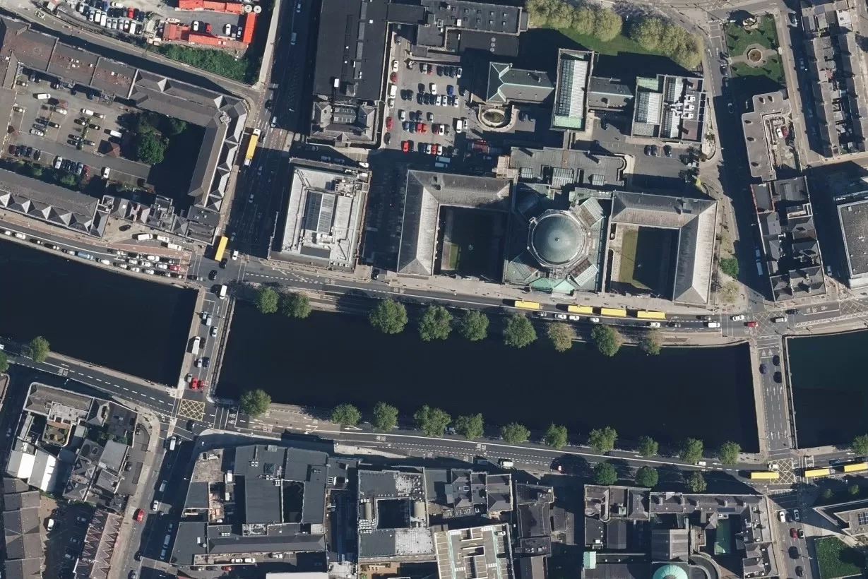 Aerial view of Dublin showing the river, bridges and roofs of buildings