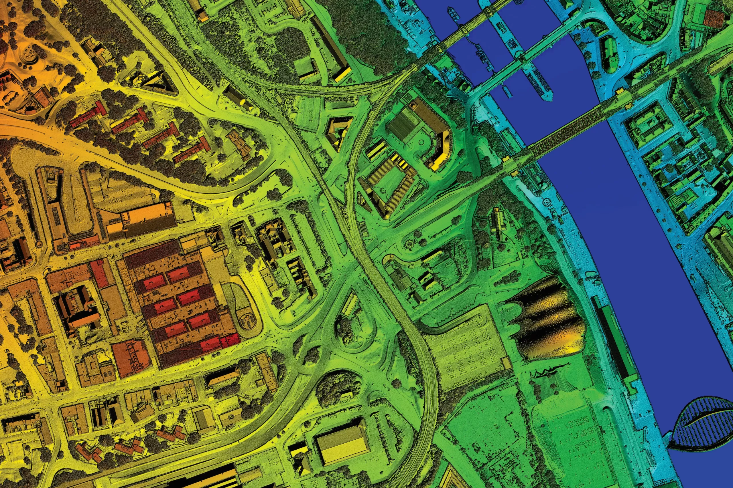 LiDAR height data over an urban area with buildings, roads and a river.