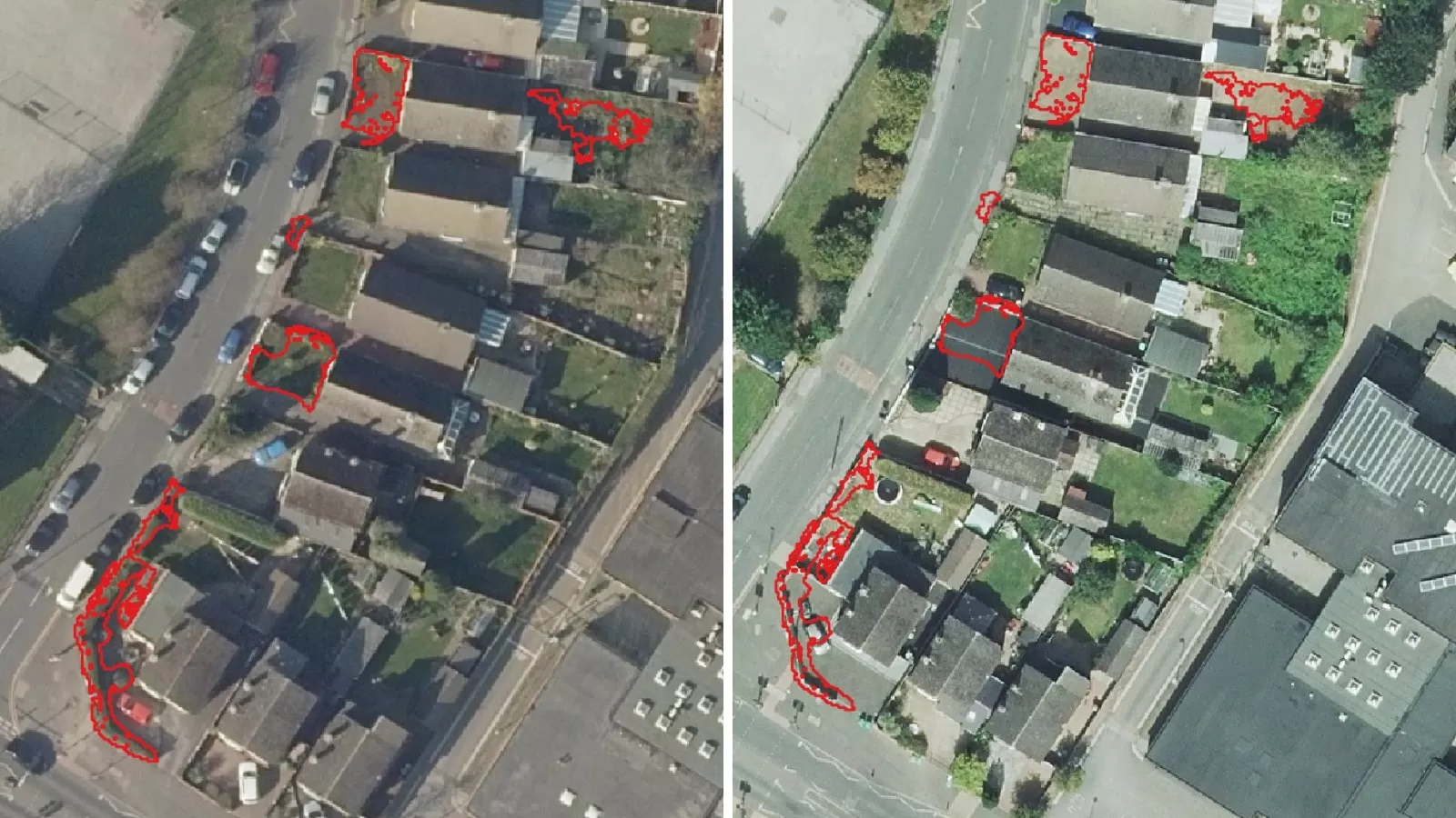 Image of a housing estate over two years, one showing green gardens, and one showing the same houses with drive ways and paving