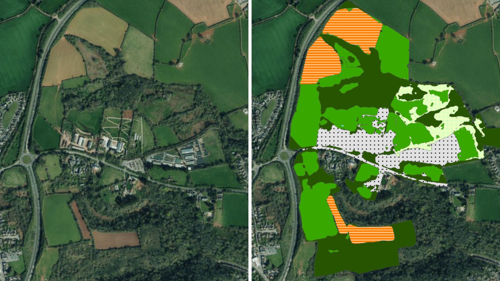 Image of housing estate and surpunding green area before and after SLR's analysis has been applied